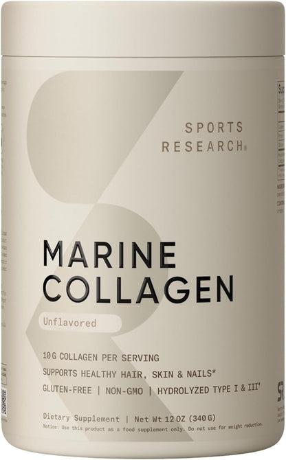 Sports Research® Collagen Beauty Complex - 30 Servings (Unflavored) | 5g Marine Collagen Peptides with Hyaluronic Acid, Vitamin C + Biotin | Skin & Joint Health | Pescatarian Freindly, Non-GMO