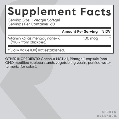 Sports Research® Vitamin K2 as MK-7 100mcg, 60 Count Plantgels™ | Supports Bone & Heart Health w/Highly Bioavailable MK-7 & Coconut MCT oil for Better Absorption · Plant-Based, Soy-Free