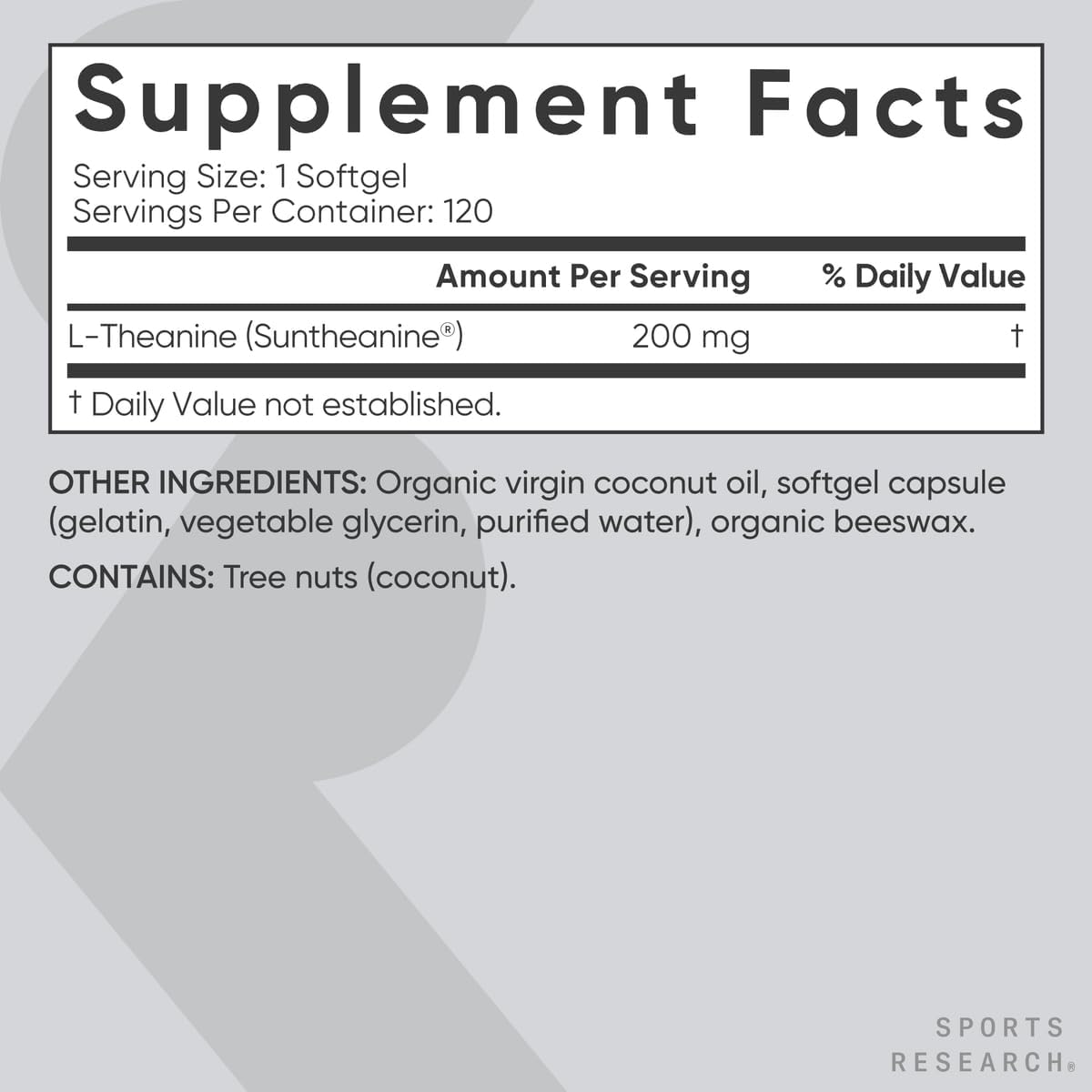 Sports Research® L-Theanine 200mg with Suntheanine®, 60 Softgels | Double Strength Relaxation, Focus & Mood Support - Made w/ Organic Coconut Oil | Non-GMO, Gluten-Free, 60 Servings