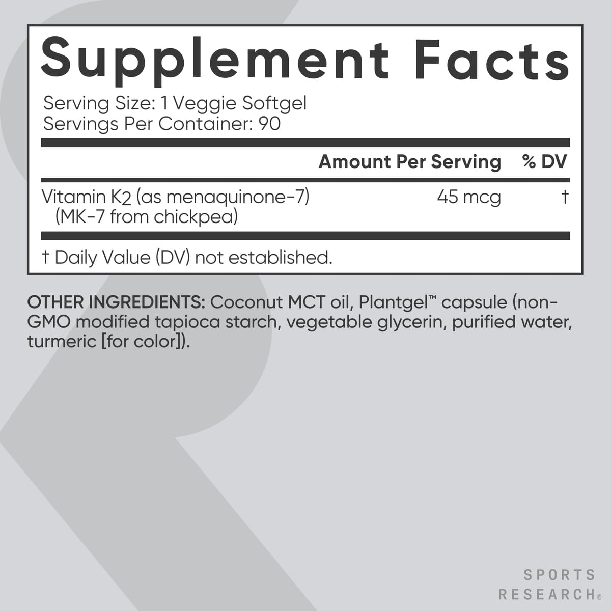 Sports Research® Vitamin K2 (MK-7) 45mcg w/Coconut MCT Oil, 90 Count | Vegan K2 from Chickpea | Supports Strong Bones | Vegan Certified, Non-GMO Verified, Gluten & Soy Free
