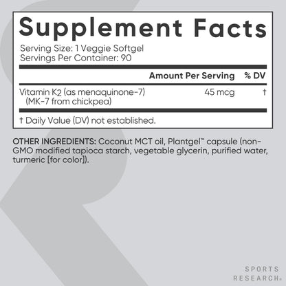 Sports Research® Vitamin K2 (MK-7) 45mcg w/Coconut MCT Oil, 90 Count | Vegan K2 from Chickpea | Supports Strong Bones | Vegan Certified, Non-GMO Verified, Gluten & Soy Free