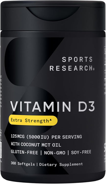 Sports Research® Vitamin D3 2000iu/50mcg with Coconut Oil, 360 Softgels | Double Strength Vitamin D Supplement | Immune, Bone, Mood Support | Non-GMO, Soy Free - 360 Servings