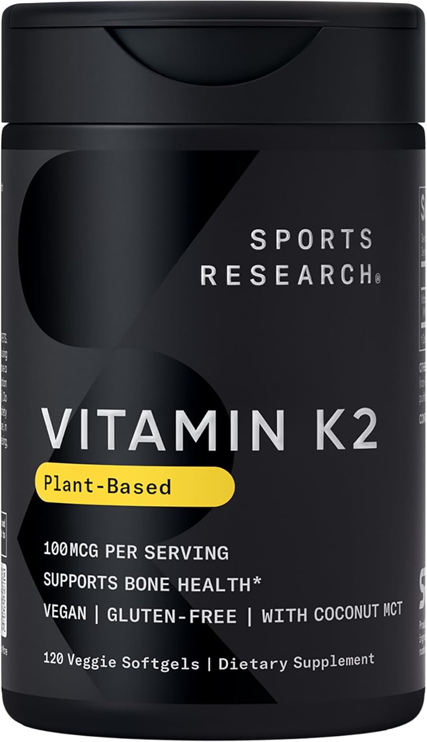 Sports Research® Vitamin K2 (MK-7) 180mcg w/Coconut MCT Oil, 60 Count | Vegan K2 from Chickpea | Supports Strong Bones | Vegan Certified, Non-GMO Verified, Gluten & Soy Free