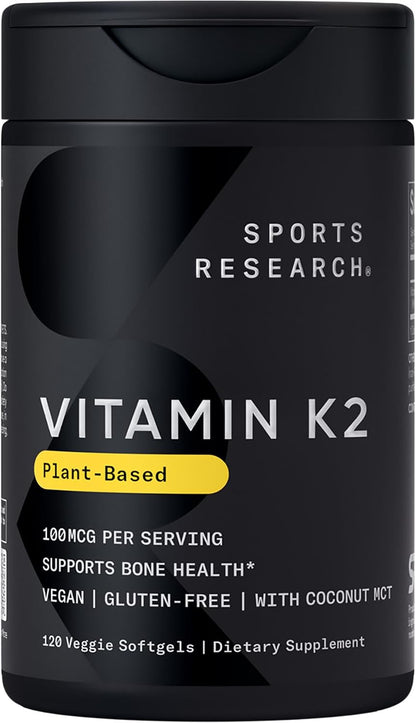 Sports Research® Vitamin K2 (MK-7) 180mcg w/Coconut MCT Oil, 60 Count | Vegan K2 from Chickpea | Supports Strong Bones | Vegan Certified, Non-GMO Verified, Gluten & Soy Free