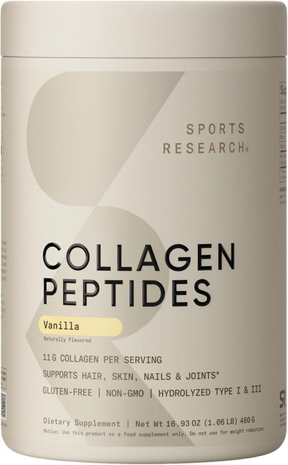Sports Research® Collagen Peptides Protein Powder 16oz (Unflavored) | 11g Grass-Fed Collagen per Scoop · Hair, Skin & Joint Support · Easy to Mix in Coffee & Shakes - 41 Servings