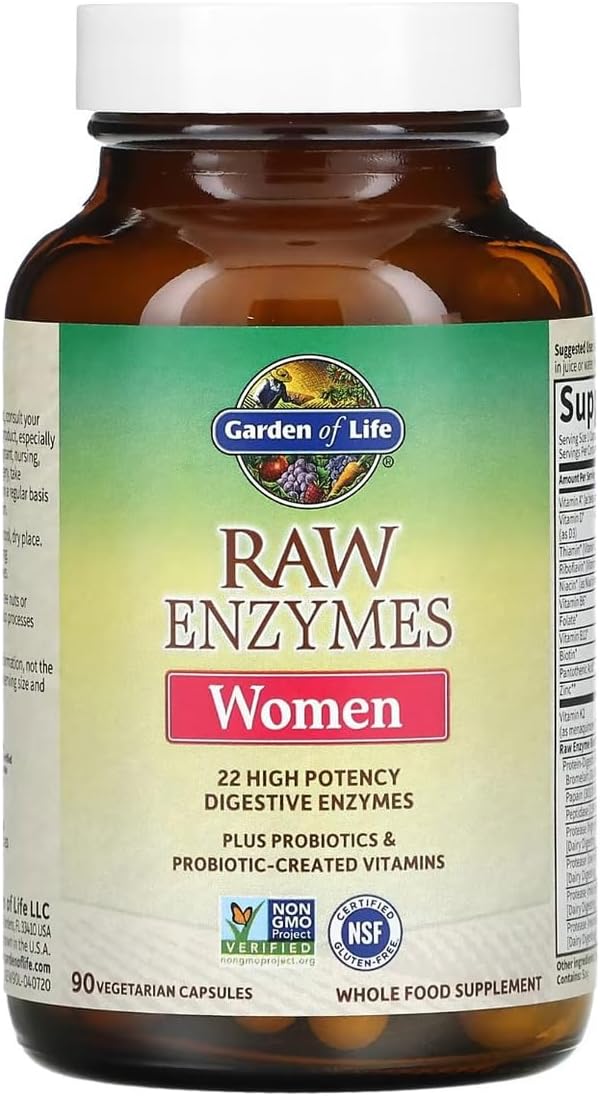 Garden of Life 22 Powerful Raw Enzymes for Women with Papain, Bromelain, Lactase plus Probiotics and Vitamins B12, Biotin and Zinc, Dietary Supplement with Digestive Enzymes, Vegetarian, 90 Capsules