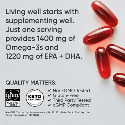 Sports Research® Keto Omega-3 Fish Oil 1400mg, 120 Softgels | Omega-3 Supplement from Wild Sockeye Salmon, Antarctic Krill Oil, Astaxanthin & MCT Oil - 1220mg of EPA & DHA per Serving