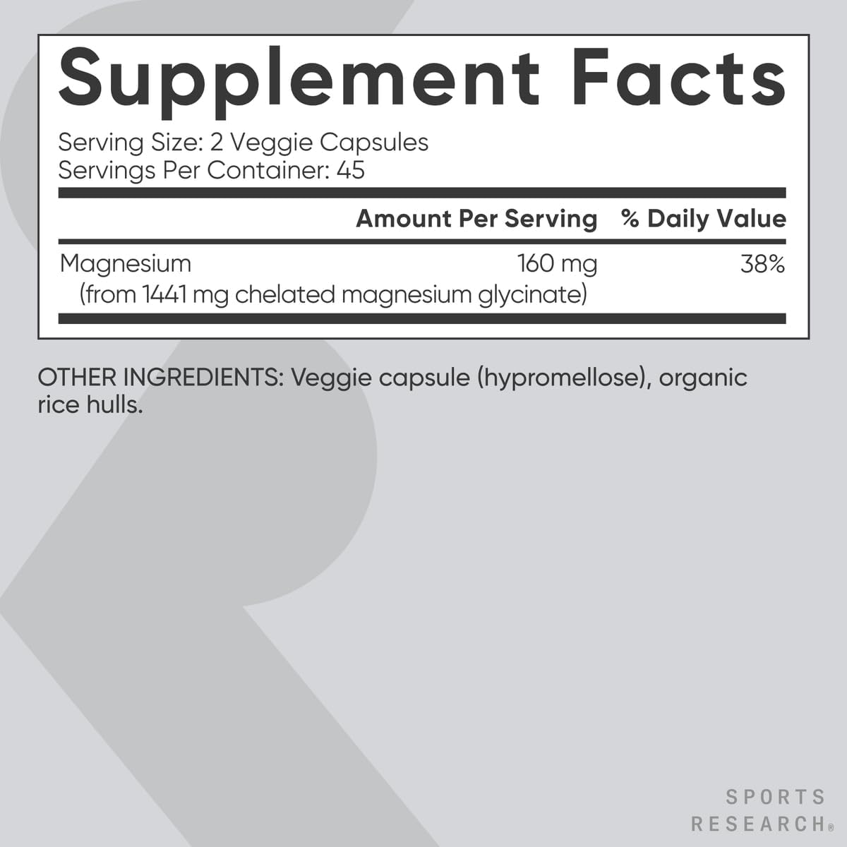 Sports Research® Magnesium Glycinate 160mg, 90 Veggie Capules | 1441mg Cheletated Magnesium per Serving | Gentle on the Stomach | Non-GMO, Soy Free, Essential Mineral