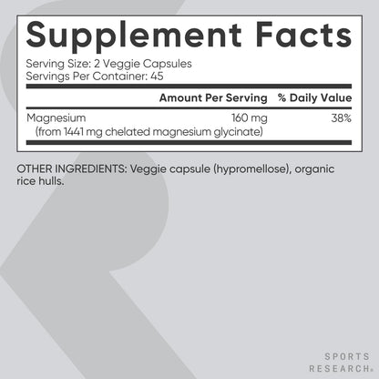 Sports Research® Magnesium Glycinate 160mg, 90 Veggie Capules | 1441mg Cheletated Magnesium per Serving | Gentle on the Stomach | Non-GMO, Soy Free, Essential Mineral
