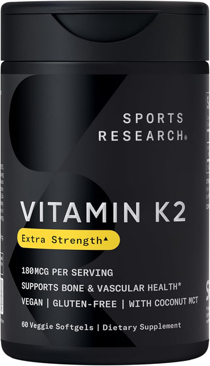 Sports Research® Vitamin K2 (MK-7) 45mcg w/Coconut MCT Oil, 90 Count | Vegan K2 from Chickpea | Supports Strong Bones | Vegan Certified, Non-GMO Verified, Gluten & Soy Free