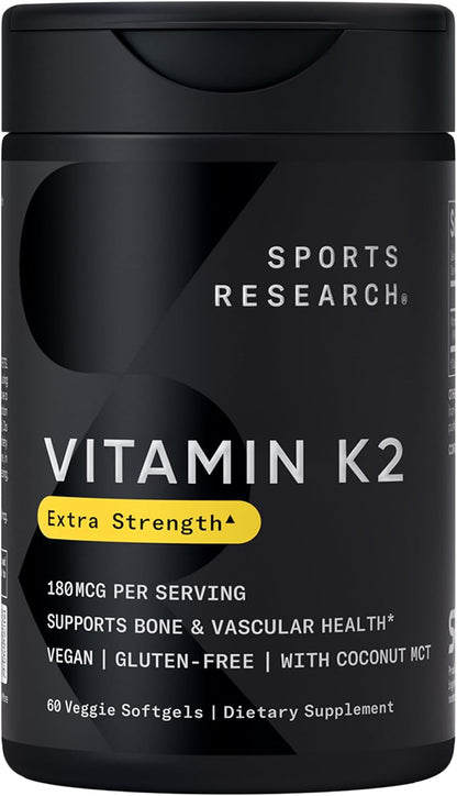Sports Research® Vitamin K2 as MK-7 100mcg, 60 Count Plantgels™ | Supports Bone & Heart Health w/Highly Bioavailable MK-7 & Coconut MCT oil for Better Absorption · Plant-Based, Soy-Free