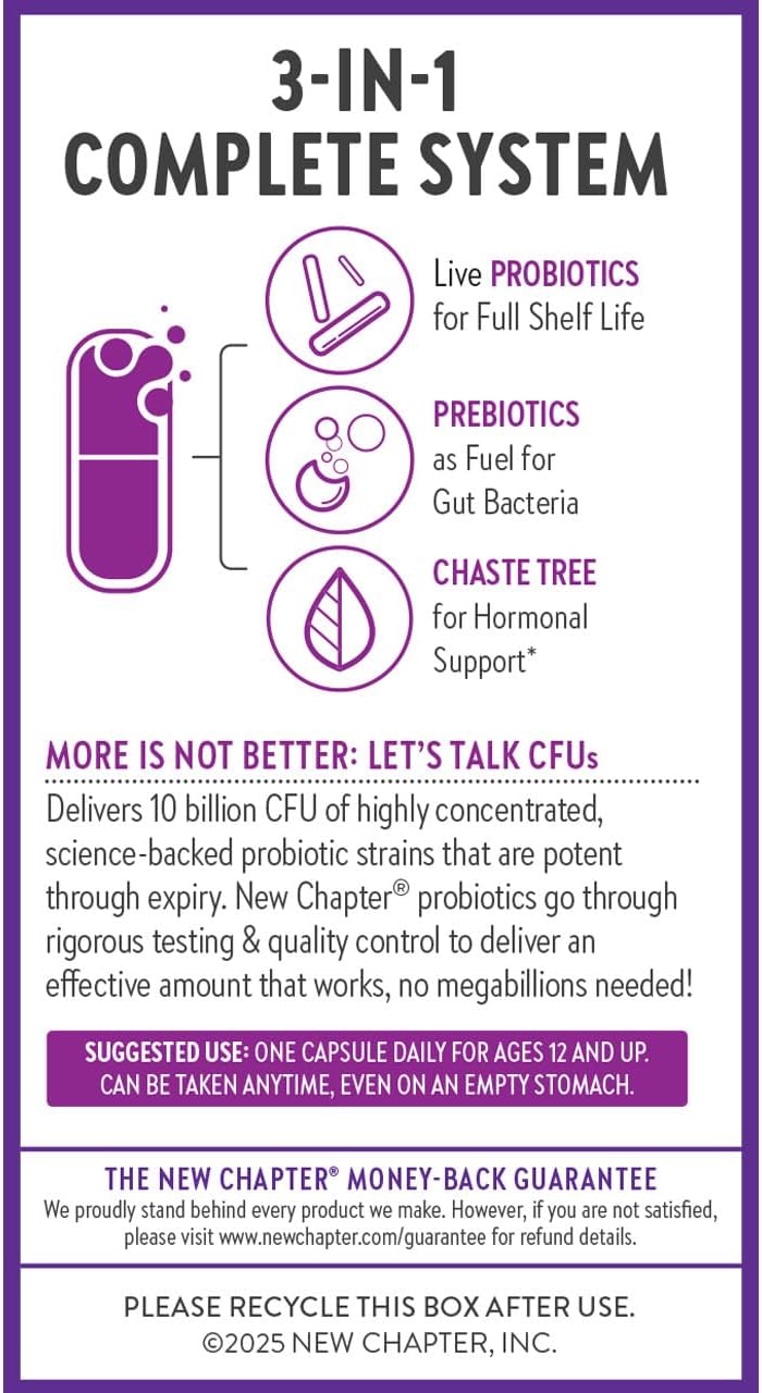 New Chapter Probiotics for Women - 30 ct (1 Month Supply), Women's Daily Probiotic with Prebiotics and Probiotics for Vaginal Health & Chaste Tree for Hormonal Support, 100% Vegetarian, Non-GMO