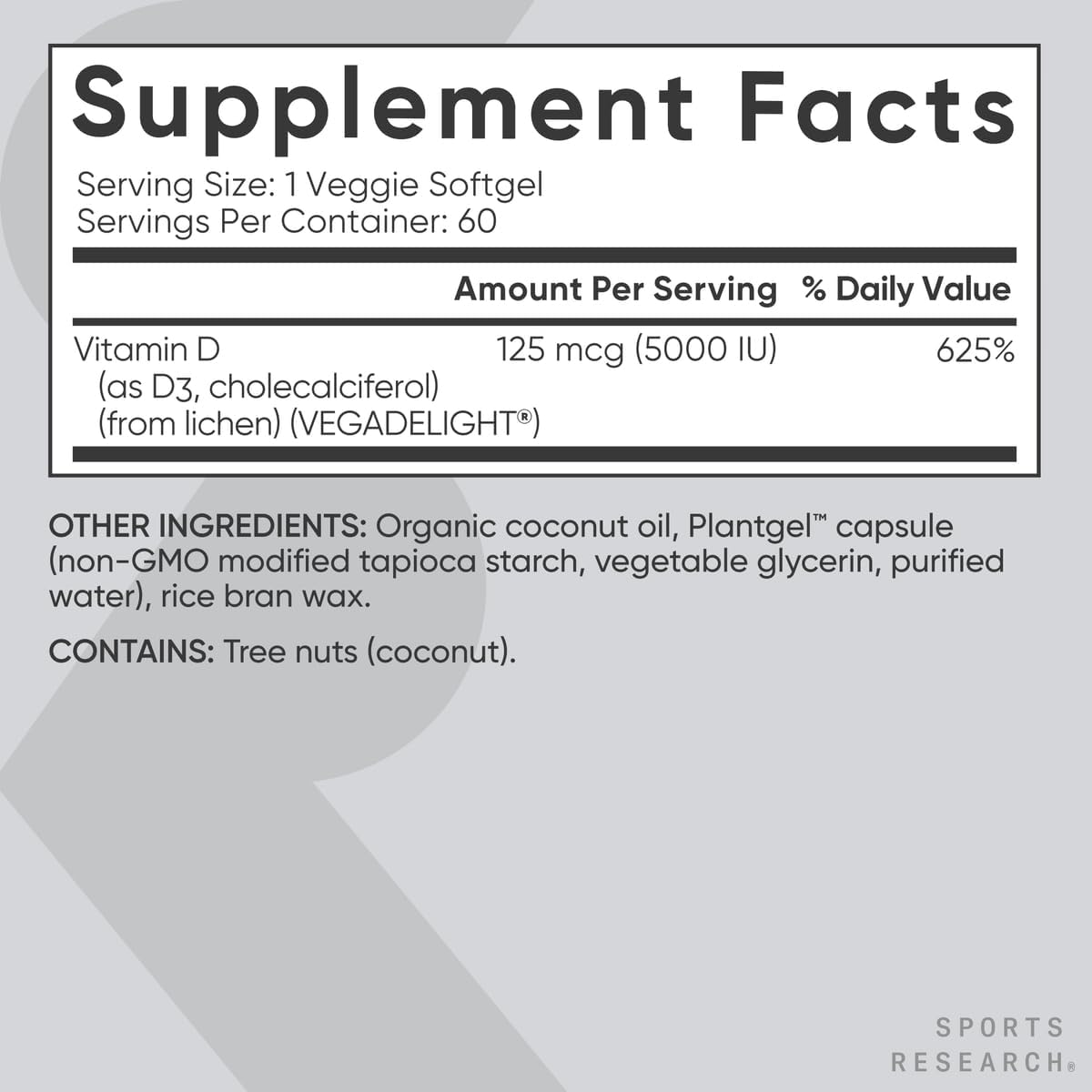 Sports Research® Vegan D3 5000iu/125mcg with Coconut Oil - 60 Plantgels™ | Plant-Based Vitamin D3 | Bone, Joint & Immune Support | Carrageenan Free, Vegan, Non-GMO - 60 Servings