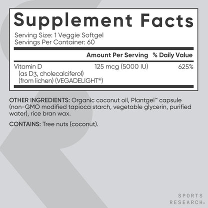 Sports Research® Vegan D3 5000iu/125mcg with Coconut Oil - 60 Plantgels™ | Plant-Based Vitamin D3 | Bone, Joint & Immune Support | Carrageenan Free, Vegan, Non-GMO - 60 Servings