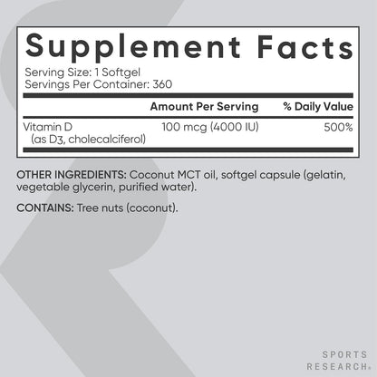 Sports Research® Vitamin D3 4000iu/100mcg with Coconut MCT Oil, 360 Count | Double Strength Vitamin D Supplement | Supports Healthy Bones & Immune Function | Non-GMO · Soy Free - 360 Servings