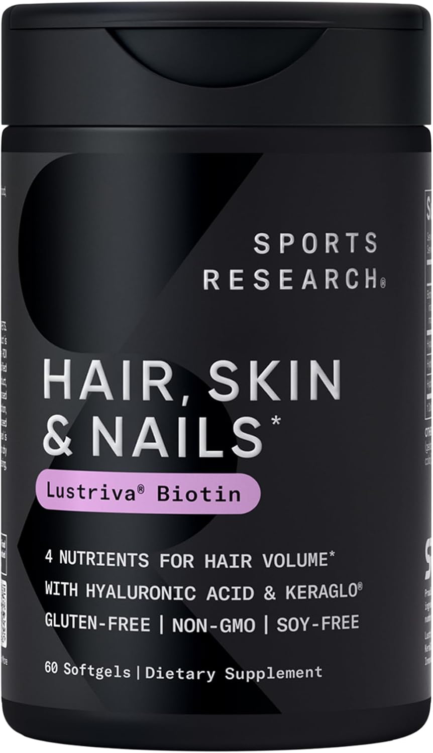 Sports Research® Hair, Skin & Nails Complex, 60 Softgels | Supports Hair Volume, Glowing Skin & Strong Nails - w/Lustriva® Biotin, Collagen, Hyaluronic Acid & KeraGLO® Keratin