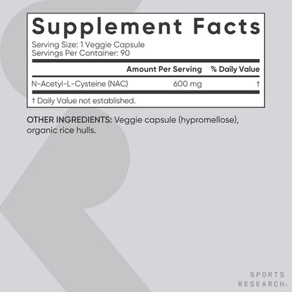 Sports Research® Vegan NAC (N-Acetyl Cysteine) 600mg, 90 Veggie Caps | Amino Acid Supplement for Immune Support | Vegan Certified, Non-GMO, 90 Servings