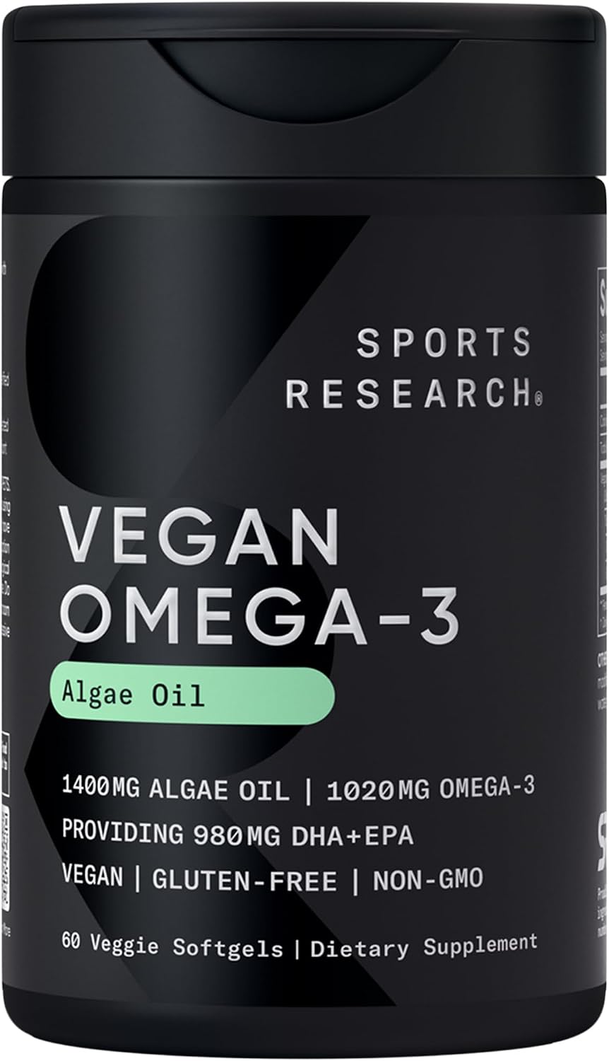 Sports Research® Vegan Omega-3 Algae Oil 1040mg, 60 Count Plantgels™ | Triglyceride Form EPA & DHA - Vegan, Non-GMO, Carrageenan-Free Softgel