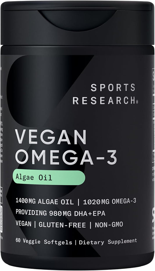 Sports Research® Vegan Omega-3 Algae Oil 1040mg, 60 Count Plantgels™ | Triglyceride Form EPA & DHA - Vegan, Non-GMO, Carrageenan-Free Softgel