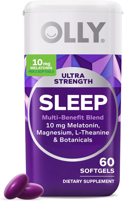OLLY Ultra Strength Sleep Softgels for Adults, 10 mg Melatonin Sleep Supplement L-Theanine Magnesium & Botanical Extracts, Restful Sleep Support*, Sugar Free, 60 Count