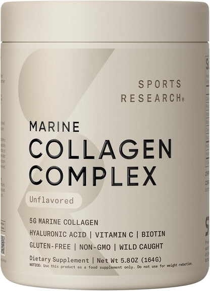 Sports Research® Collagen Beauty Complex - 30 Servings (Unflavored) | 5g Marine Collagen Peptides with Hyaluronic Acid, Vitamin C + Biotin | Skin & Joint Health | Pescatarian Freindly, Non-GMO
