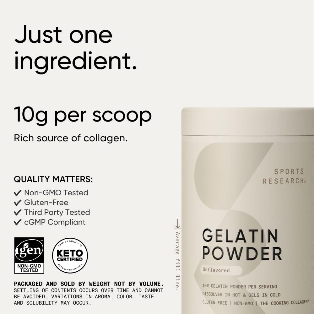 Sports Research® Gelatin Collagen Cooking Powder, 16oz | 10g Beef Gelatin from Grass-Fed Cows | Bone, Skin & Joint Health | Great for Cooking, Baking & Emulsifying - 45 Servings