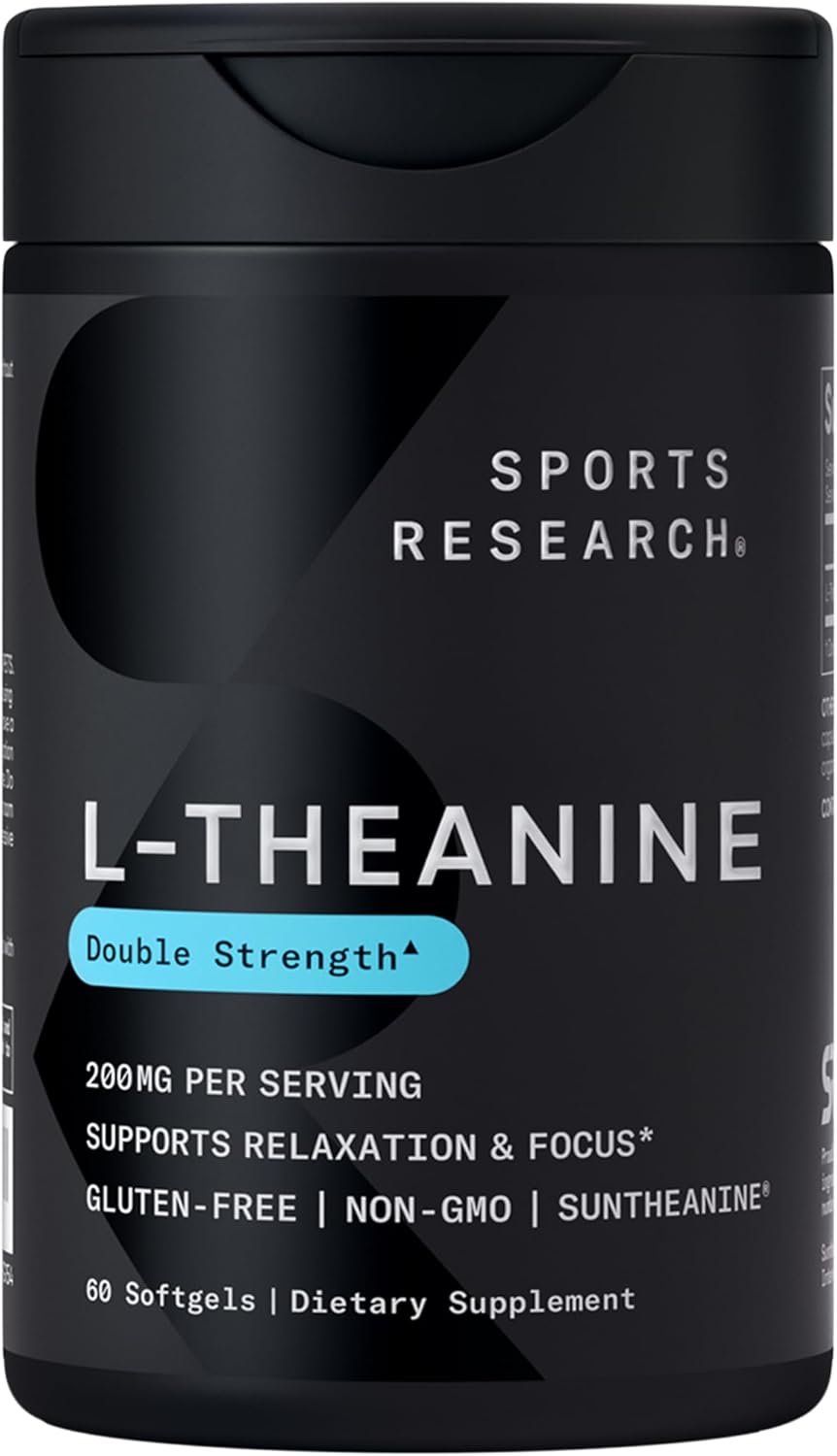 Sports Research® L-Theanine 200mg with Suntheanine®, 60 Softgels | Double Strength Relaxation, Focus & Mood Support - Made w/ Organic Coconut Oil | Non-GMO, Gluten-Free, 60 Servings