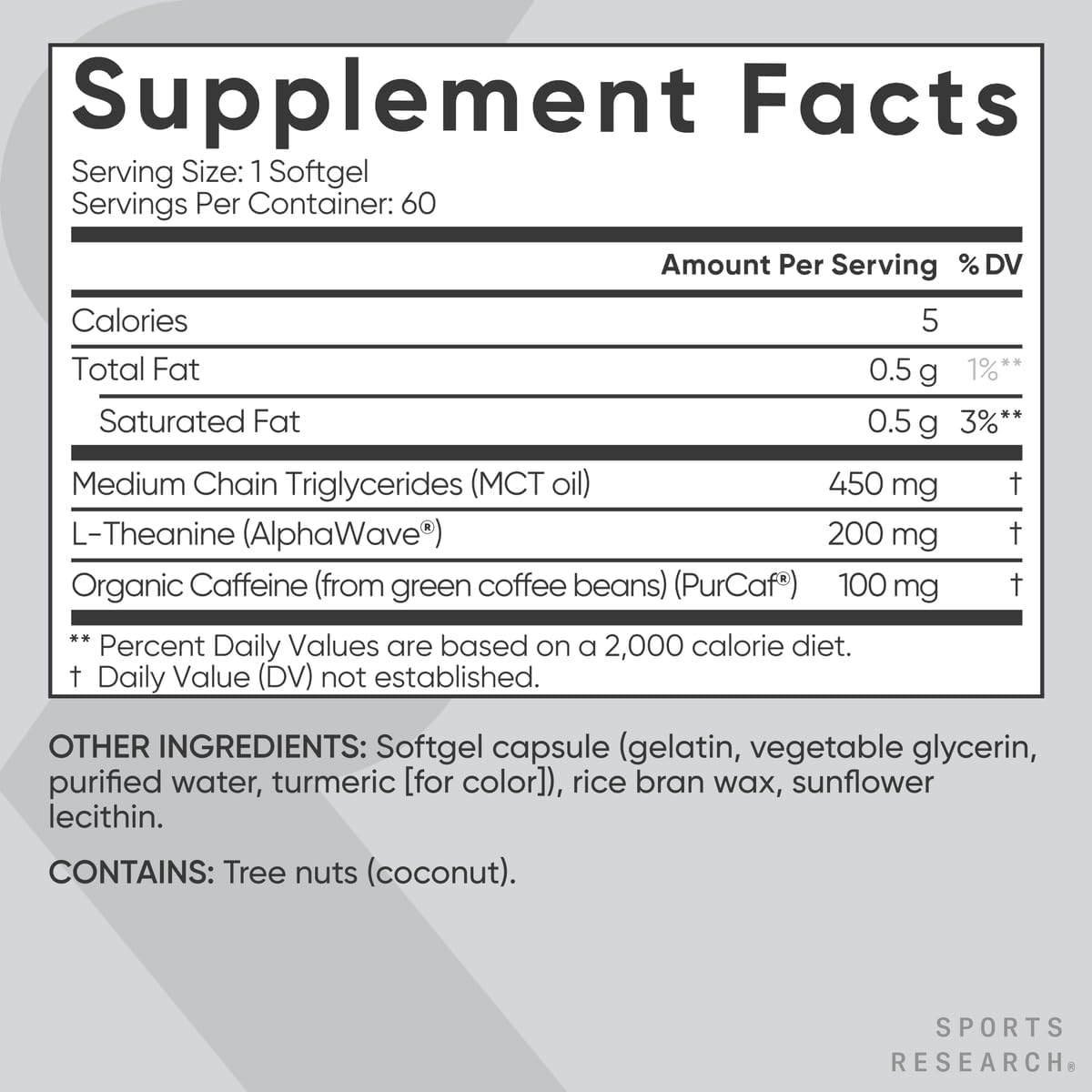 Sports Research® L-Theanine + Caffeine Nootropic Supplement - 60 Softgels | Double Strength L-Theanine 200mg & Organic Caffeine 100mg w/Coconut MCT Oil for Focused Energy - 60 Servings