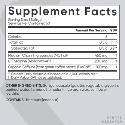 Sports Research® L-Theanine + Caffeine Nootropic Supplement - 60 Softgels | Double Strength L-Theanine 200mg & Organic Caffeine 100mg w/Coconut MCT Oil for Focused Energy - 60 Servings