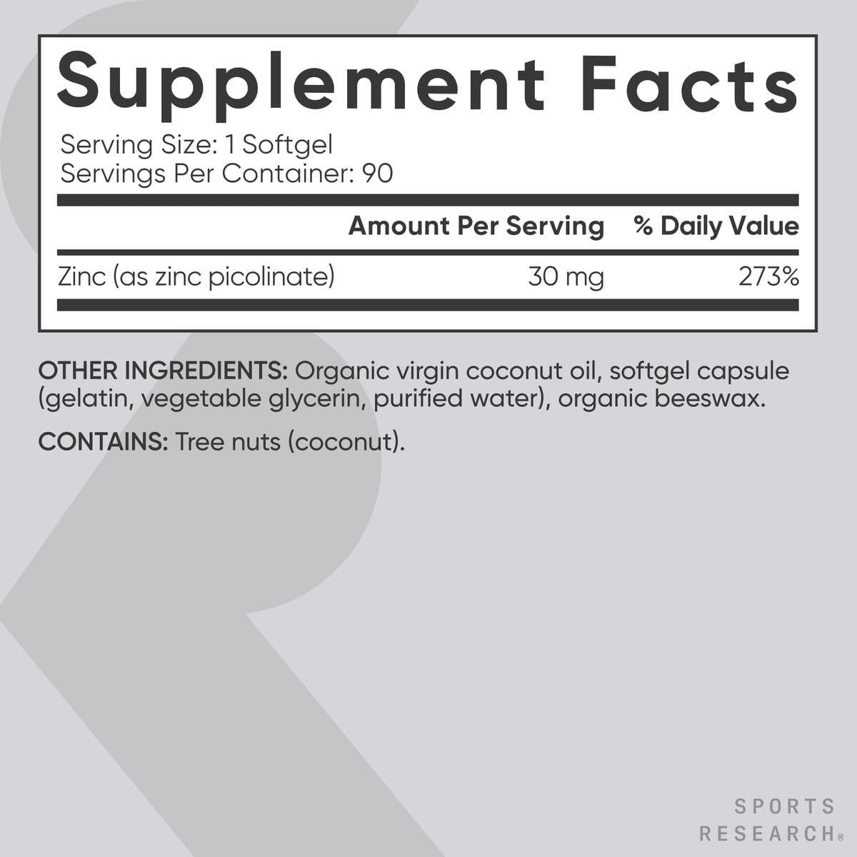Sports Research® Zinc Picolinate 50mg w/Organic Coconut Oil, 60 Softgels | High Potency Zinc Supplement for Healthy Immune & Enzyme Function - Non-GMO Tested & Gluten-Free, 60 Servings