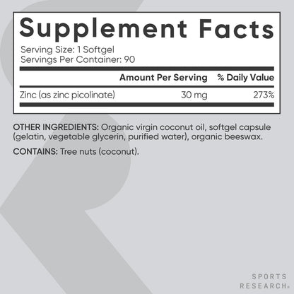Sports Research® Zinc Picolinate 50mg w/Organic Coconut Oil, 60 Softgels | High Potency Zinc Supplement for Healthy Immune & Enzyme Function - Non-GMO Tested & Gluten-Free, 60 Servings
