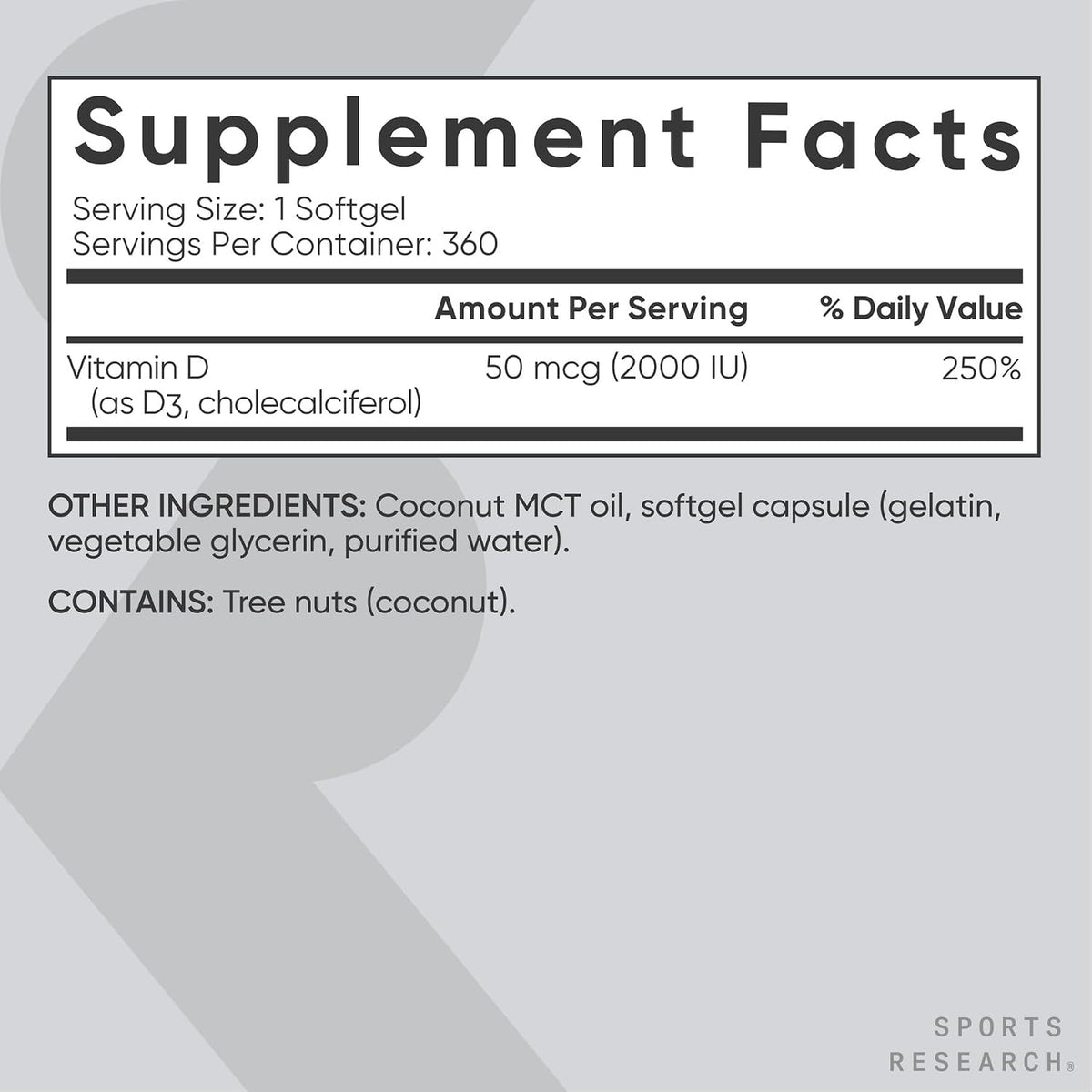 Sports Research® Vitamin D3 2000iu/50mcg with Coconut Oil, 360 Softgels | Double Strength Vitamin D Supplement | Immune, Bone, Mood Support | Non-GMO, Soy Free - 360 Servings