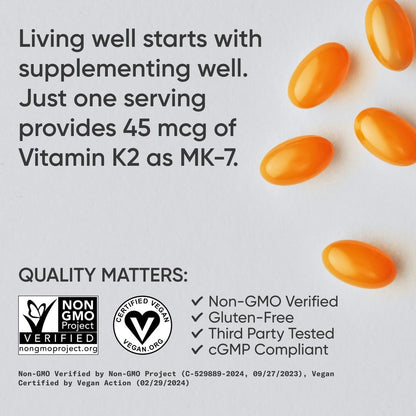 Sports Research® Vitamin K2 (MK-7) 45mcg w/Coconut MCT Oil, 90 Count | Vegan K2 from Chickpea | Supports Strong Bones | Vegan Certified, Non-GMO Verified, Gluten & Soy Free