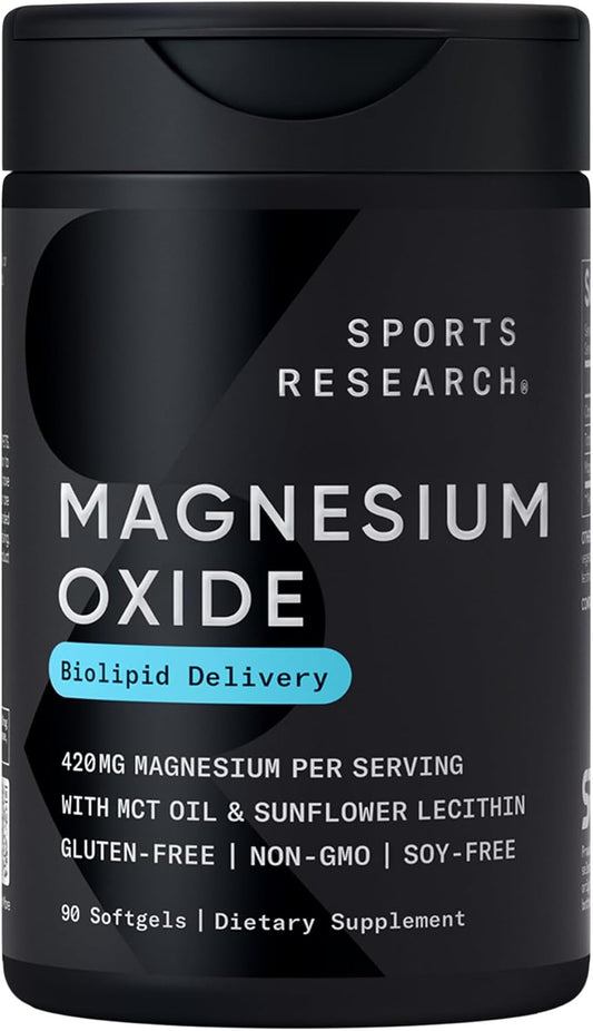 Sports Research® Magnesium Oxide 420mg w/Coconut MCT Oil, 90 Softgels | Biolipid Magnesium Supplement for Muscle, Nerve, & Bone Support* - Gluten-Free, Non-GMO - 90 Softgels