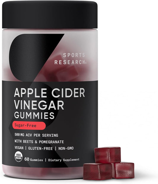 Sports Research® Organic Apple Cider Vinegar Sugar-Free Gummies, 60 Count | ACV 500mg For Diet Cleanses & Digestion | Non-GMO, Certified Vegan, Gluten Free