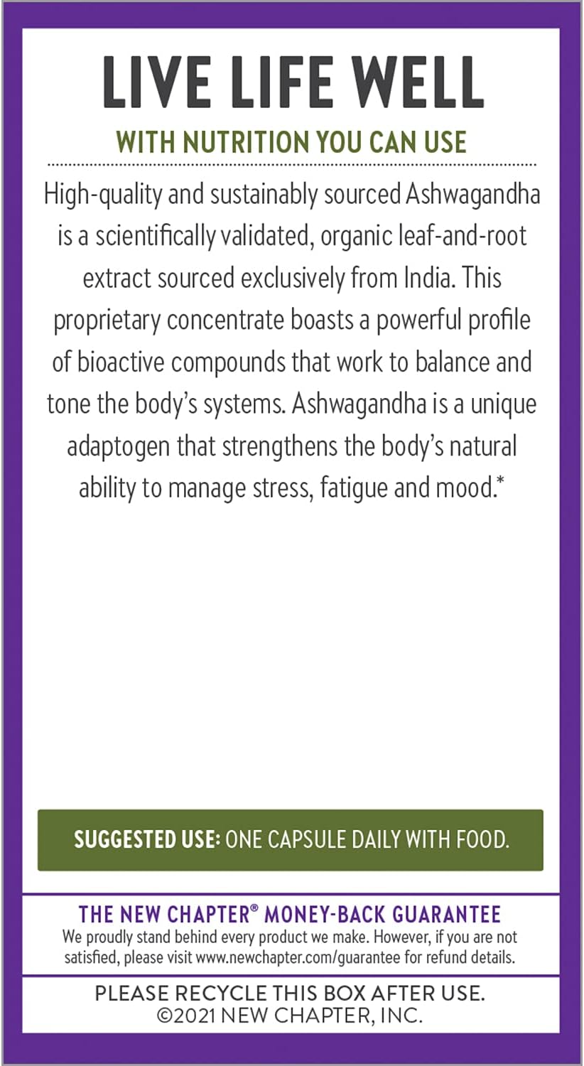 New Chapter Organic Ashwagandha Supplement, One Capsule a Day of Adaptogens for Stress Relief, Mood Support, & Energy, Vegan, 60 Count