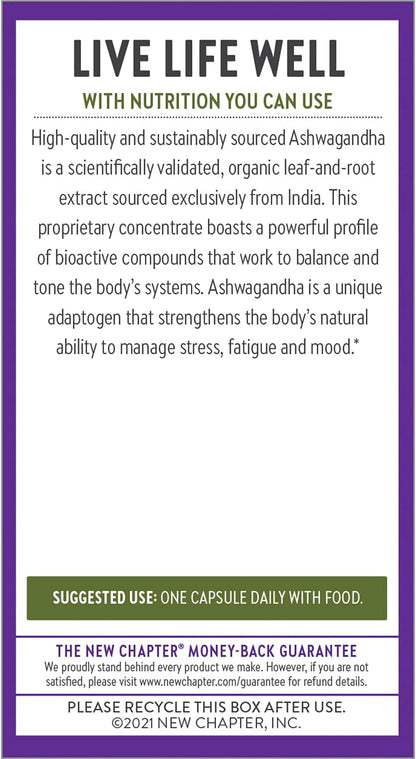 New Chapter Organic Ashwagandha Supplement, One Capsule a Day of Adaptogens for Stress Relief, Mood Support, & Energy, Vegan, 60 Count