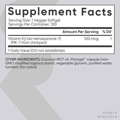 Sports Research® Vitamin K2 as MK-7 100mcg, 60 Count Plantgels™ | Supports Bone & Heart Health w/Highly Bioavailable MK-7 & Coconut MCT oil for Better Absorption · Plant-Based, Soy-Free
