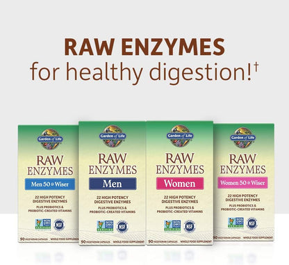 Garden of Life 22 Digestive Enzymes for Women 50 & Over with Bromelain, Papain & Lactase plus Probiotics & Vitamins B12, Biotin & Zinc – RAW Enzymes – Non-GMO, Gluten-Free, Vegetarian, 90 capsules
