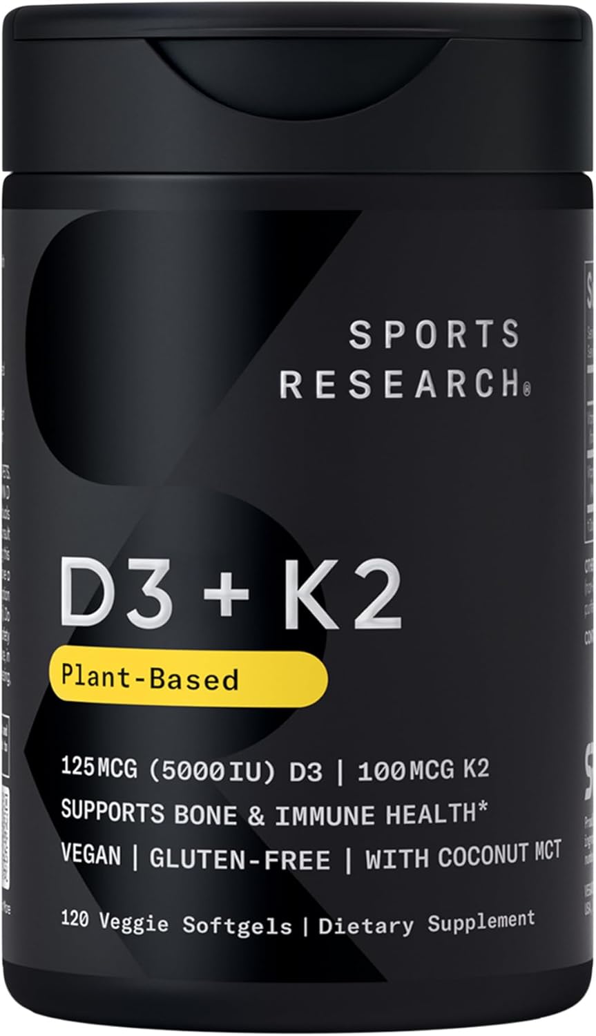 Sports Research® Vegan Vitamin D3 + K2 w/Coconut Oil, 30 Count Plantgels™ | Plant-Based Vitamin D 5000iu/125mcg & Soy-Free Vitamin K 100mcg for Bone & Immune Support - Vegan Certified · Non-GMO