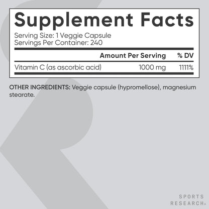 Sports Research® High Potency Vitamin C 1000mg, 240 Count Veggie Capsules | Antioxidant Activity & Immune Support | Ascorbic Acid Vitamin C | Non-GMO Verified & Gluten Free - 240 Servings
