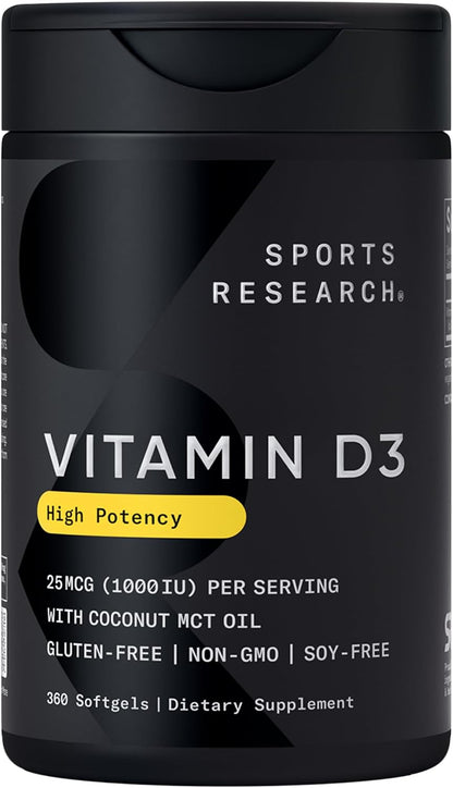 Sports Research® Vitamin D3 2000iu/50mcg with Coconut Oil, 360 Softgels | Double Strength Vitamin D Supplement | Immune, Bone, Mood Support | Non-GMO, Soy Free - 360 Servings