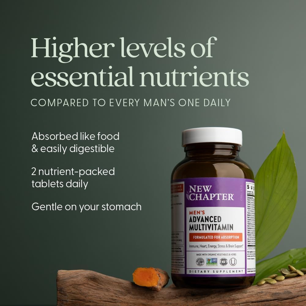 New Chapter Men's Multivitamin Advanced Formula for Stress, Brain, Immune, Heart & Energy Support, Higher Levels of Whole-Food Fermented Essential Nutrients for Men + Selenium + B Vitamins, 72 ct