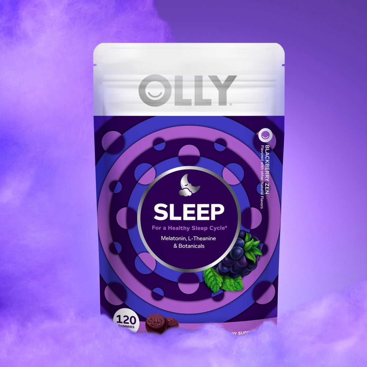 OLLY Sleep Gummies for Adults, 3 mg Melatonin Gummies with L-Theanine, Sleep Support for Restful Sleep*, Non-Habit Forming Sleep Support*, Blackberry Zen, Gluten Free, 60 Count