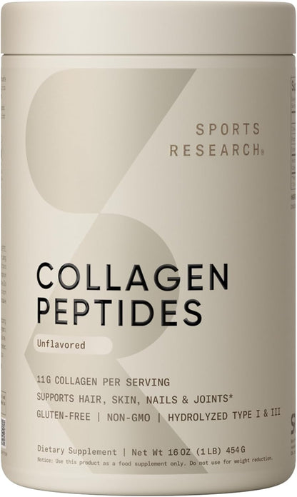 Sports Research® Collagen Peptides Protein Powder 16oz (Unflavored) | 11g Grass-Fed Collagen per Scoop · Hair, Skin & Joint Support · Easy to Mix in Coffee & Shakes - 41 Servings
