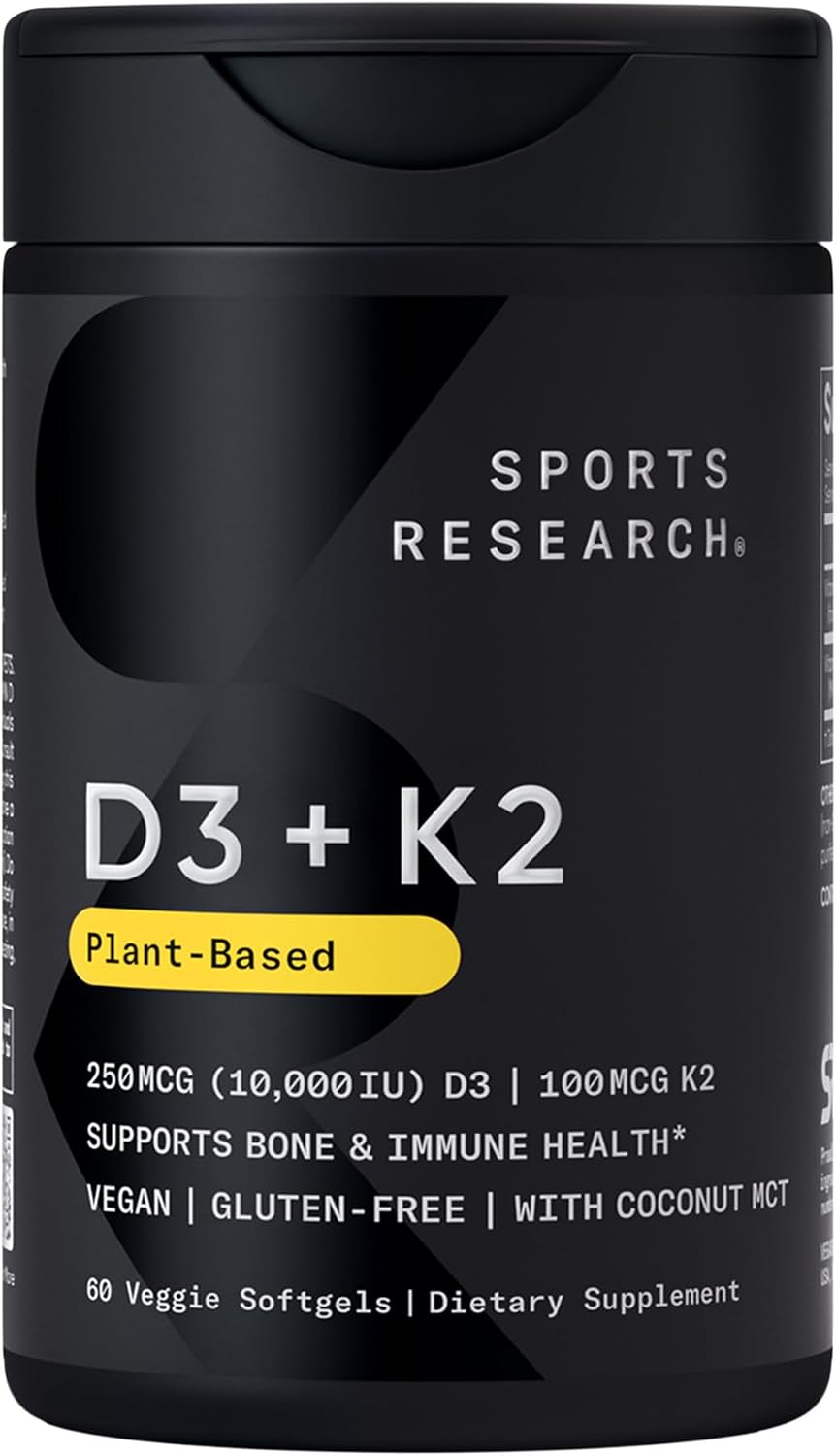 Sports Research® Vegan Vitamin D3 + K2 w/Coconut Oil, 60 Count Plantgels™ | Plant-Based Vitamin D 10,000iu/250mcg & Soy-Free Vitamin K 100mcg for Bone & Immune Support - Vegan Certified · Non-GMO