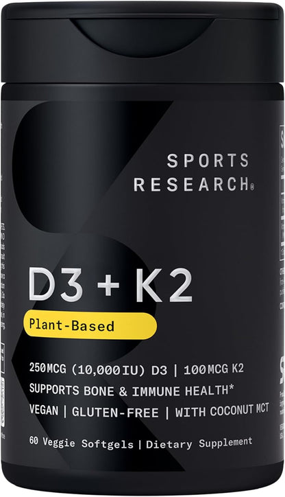 Sports Research® Vegan Vitamin D3 + K2 w/Coconut Oil, 60 Count Plantgels™ | Plant-Based Vitamin D 10,000iu/250mcg & Soy-Free Vitamin K 100mcg for Bone & Immune Support - Vegan Certified · Non-GMO