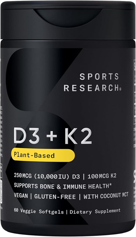Sports Research® Vegan Vitamin D3 + K2 w/Coconut Oil, 60 Count Plantgels™ | Plant-Based Vitamin D 10,000iu/250mcg & Soy-Free Vitamin K 100mcg for Bone & Immune Support - Vegan Certified · Non-GMO