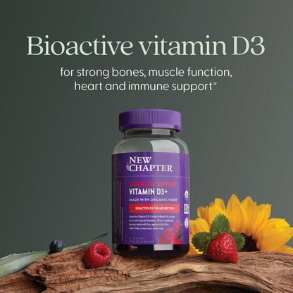 New Chapter Organic Vitamin D3+ Gummies – 52% Less Sugar§, 1,000 IU USDA Organic Vitamin D, ONE Daily Gummy for Strong Bones & Muscle Function, Non-GMO, Gluten Free, Mixed Berry Flavored, 60ct