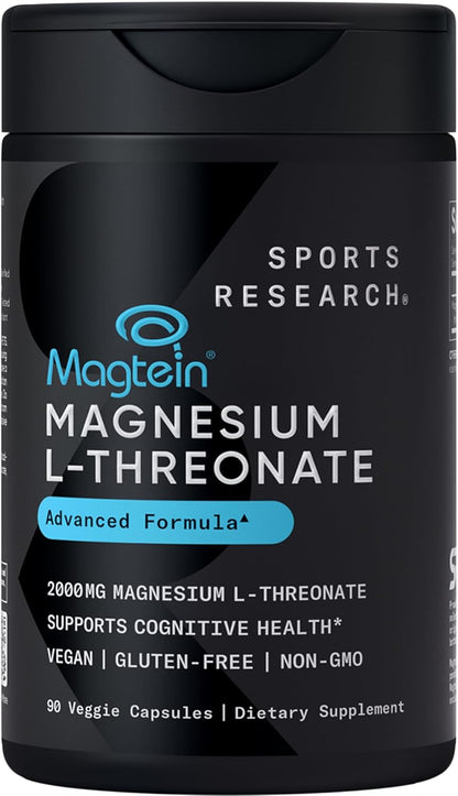 Sports Research® Magnesium L-Threonate 2000mg w/Magtein®, 90 Count | 2000mg/144mg Elemental Mag per Serving - Brain & Sleep Support - Vegan, Non-GMO, Gluten-Free